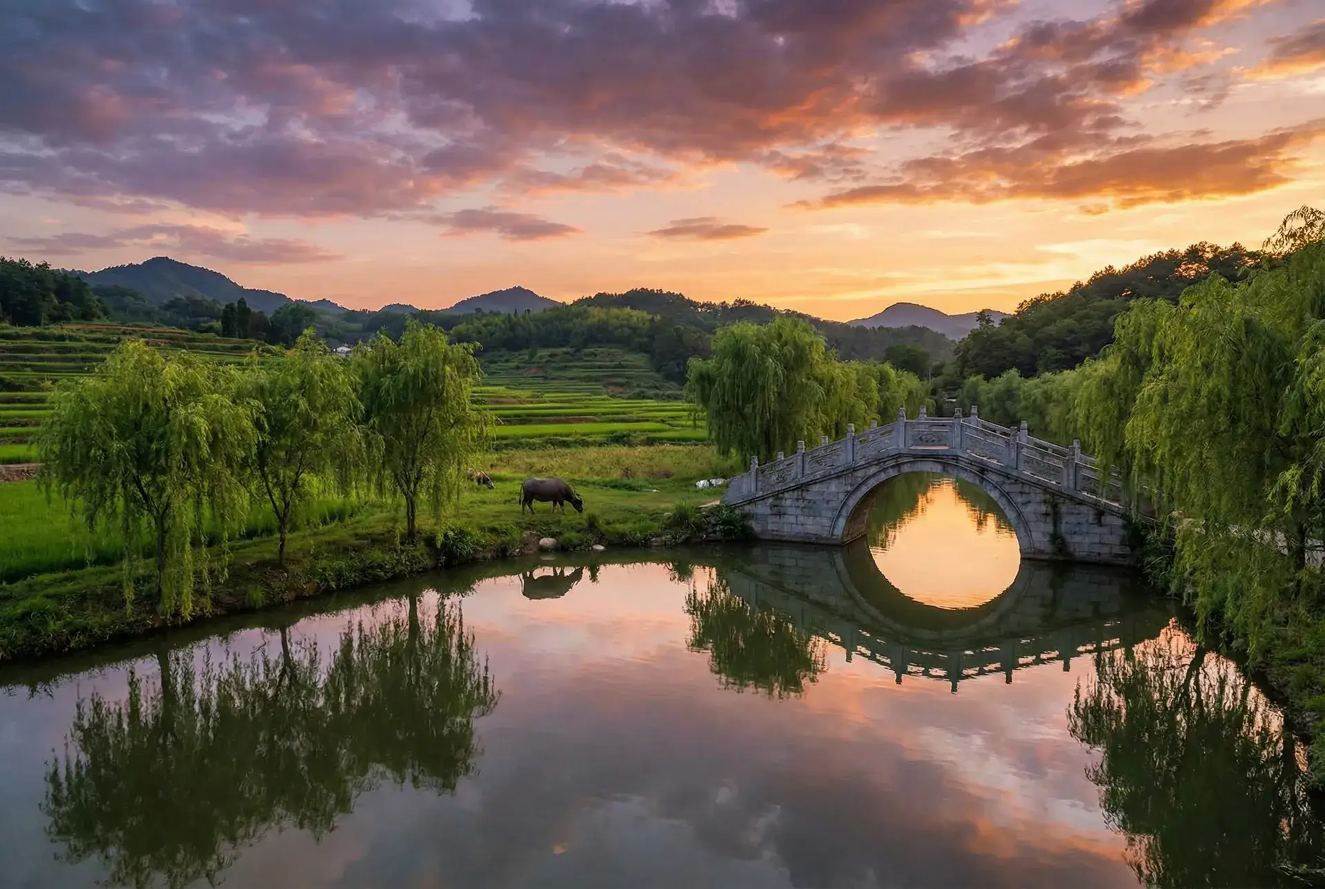 夕阳下的石拱桥与垂柳，水牛在河边吃草 - 免费一夜情网 乡村美景